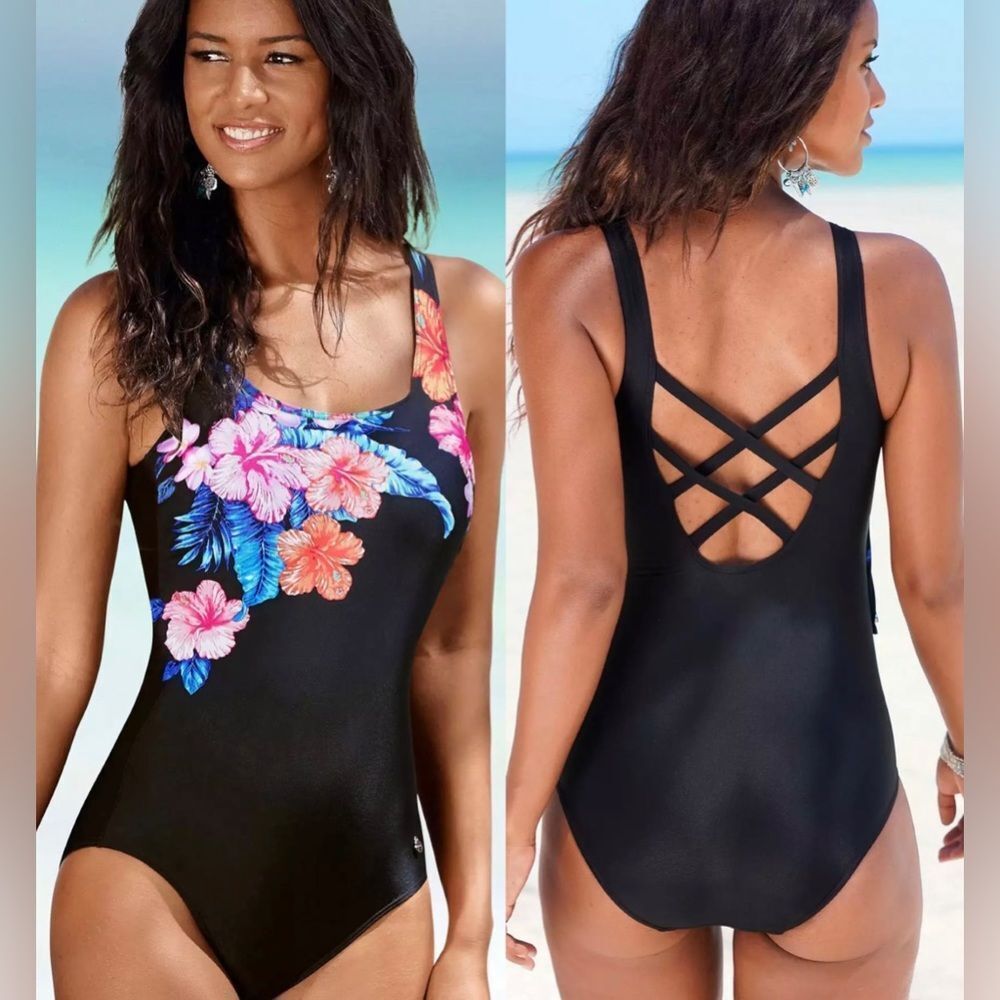 LASCANA Gathered Floral Print Strappy Back One Piece Swimsuit Size 6C